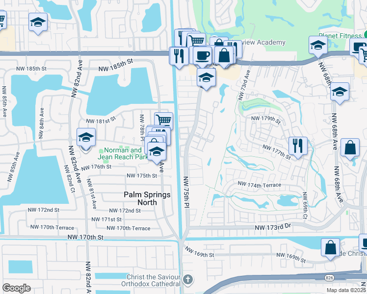 map of restaurants, bars, coffee shops, grocery stores, and more near 7678 Northwest 178th Street in Hialeah