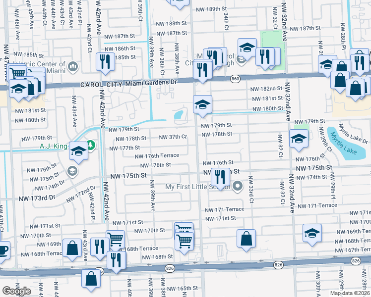 map of restaurants, bars, coffee shops, grocery stores, and more near 3740 Northwest 177th Street in Miami Gardens