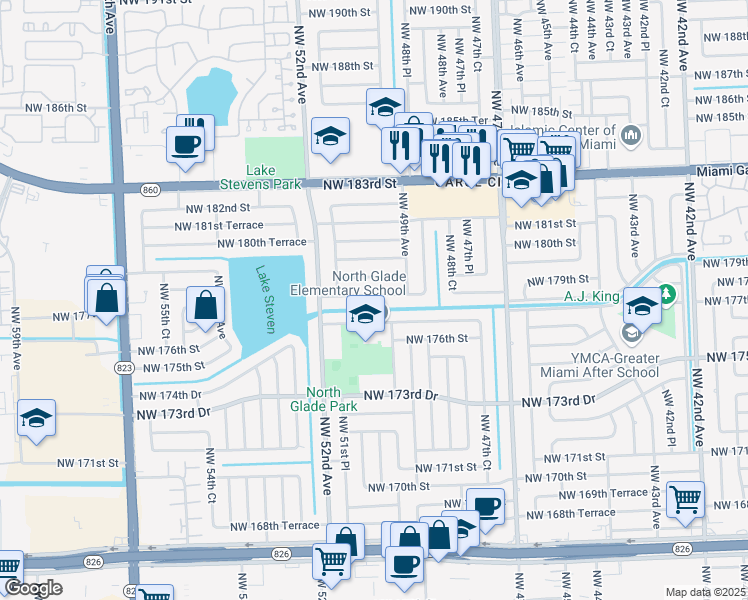 map of restaurants, bars, coffee shops, grocery stores, and more near 4960 Northwest 178th Terrace in Miami Gardens