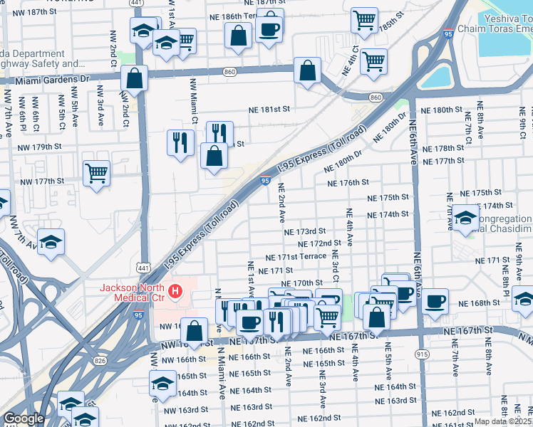 map of restaurants, bars, coffee shops, grocery stores, and more near 141 Northeast 174th Street in North Miami Beach