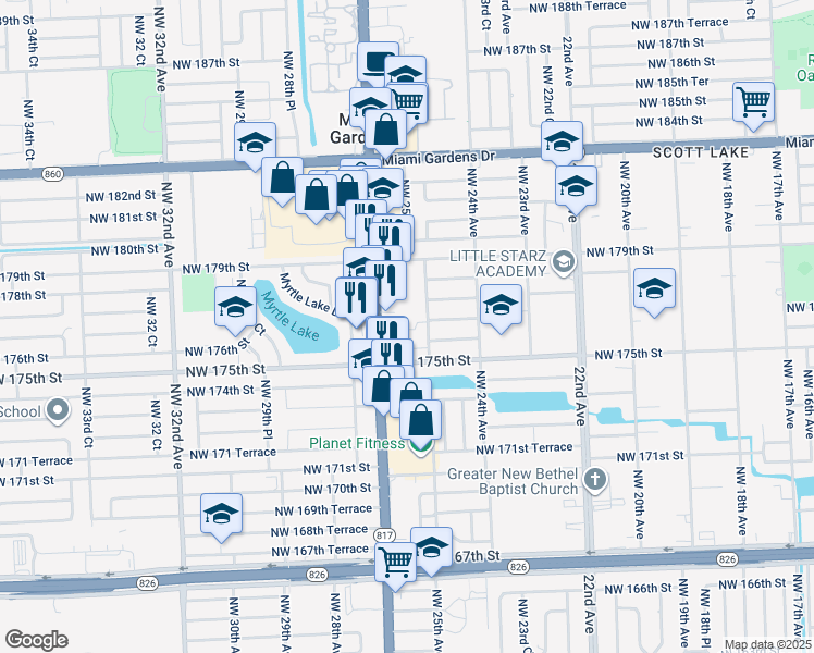 map of restaurants, bars, coffee shops, grocery stores, and more near 17602 Northwest 25th Avenue in Miami Gardens