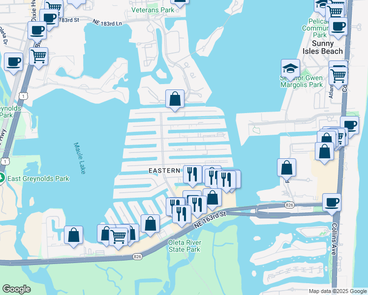 map of restaurants, bars, coffee shops, grocery stores, and more near 3651 Northeast 168th Street in North Miami Beach
