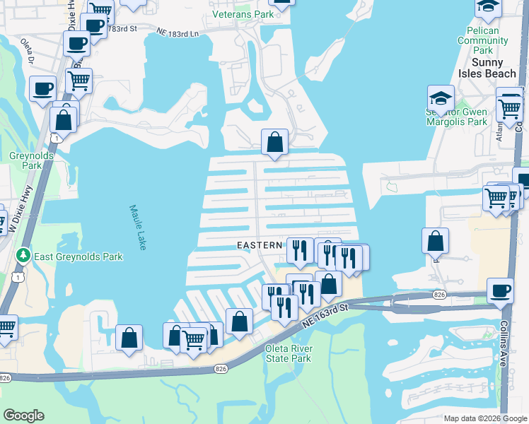 map of restaurants, bars, coffee shops, grocery stores, and more near in Sunny Isles Beach