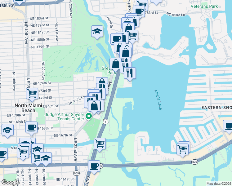 map of restaurants, bars, coffee shops, grocery stores, and more near 17200 Biscayne Boulevard in North Miami Beach