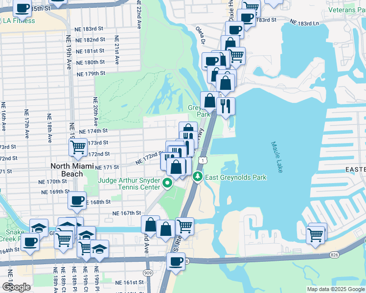 map of restaurants, bars, coffee shops, grocery stores, and more near 2393 Northeast 172nd Street in North Miami Beach