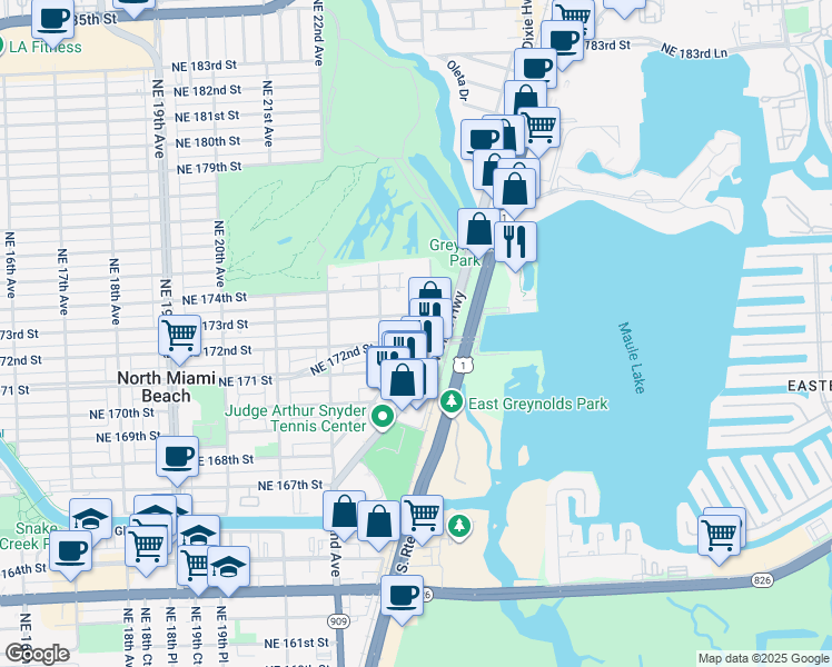 map of restaurants, bars, coffee shops, grocery stores, and more near 2393 Northeast 172nd Street in North Miami Beach
