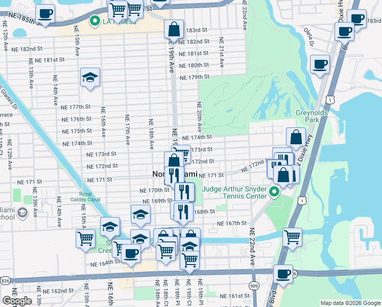 map of restaurants, bars, coffee shops, grocery stores, and more near 1940 Northeast 173rd Street in North Miami Beach