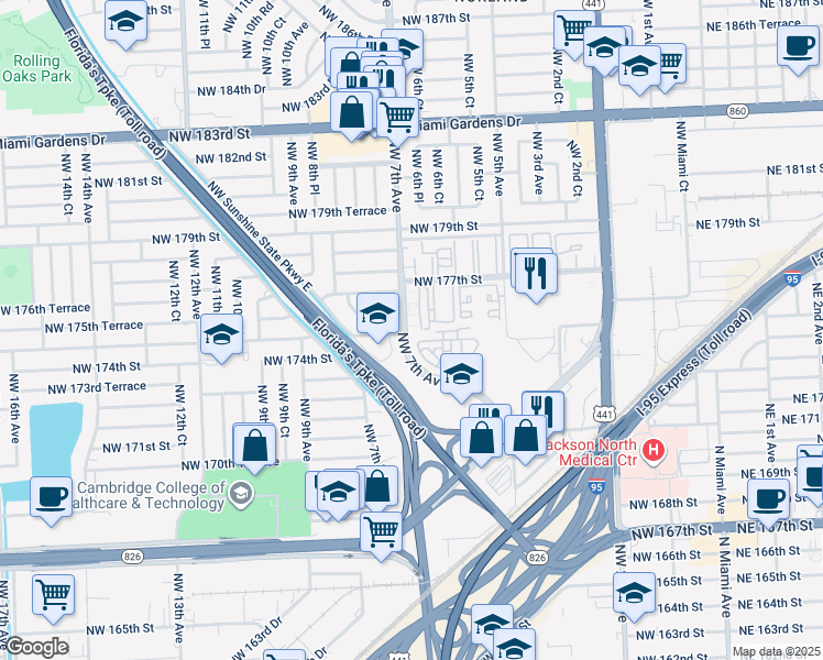 map of restaurants, bars, coffee shops, grocery stores, and more near 701 Northwest 175th Street in Miami