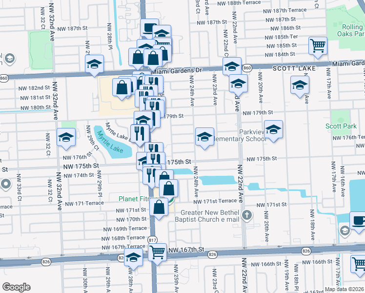 map of restaurants, bars, coffee shops, grocery stores, and more near in Miami Gardens