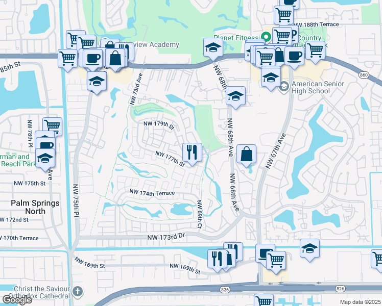 map of restaurants, bars, coffee shops, grocery stores, and more near 7012 Northwest 179th Street in Hialeah
