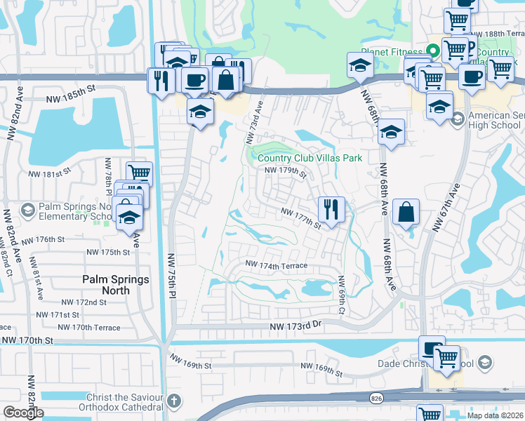 map of restaurants, bars, coffee shops, grocery stores, and more near 7150 Northwest 177th Street in Hialeah