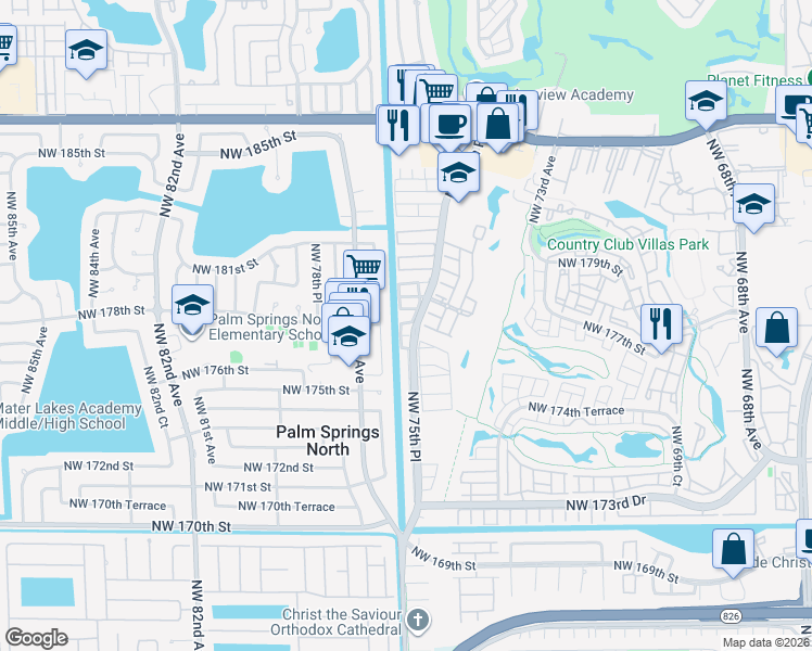 map of restaurants, bars, coffee shops, grocery stores, and more near 7678 Northwest 178th Street in Hialeah