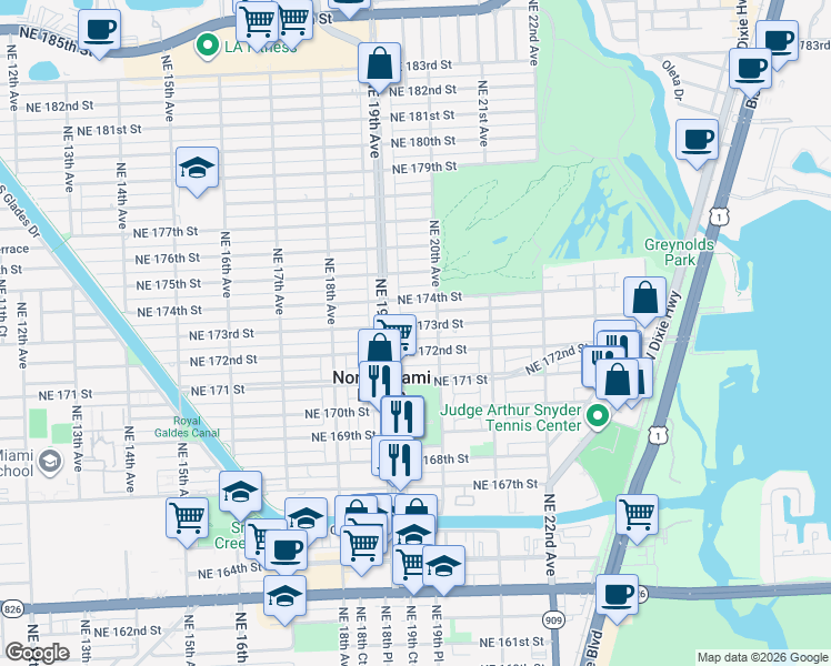 map of restaurants, bars, coffee shops, grocery stores, and more near 1940 Northeast 173rd Street in North Miami Beach