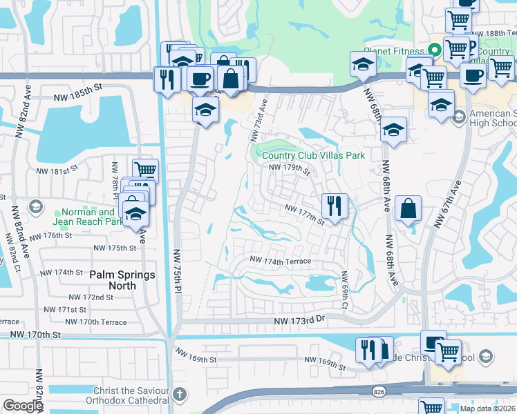 map of restaurants, bars, coffee shops, grocery stores, and more near 17620 Northwest 73rd Avenue in Hialeah