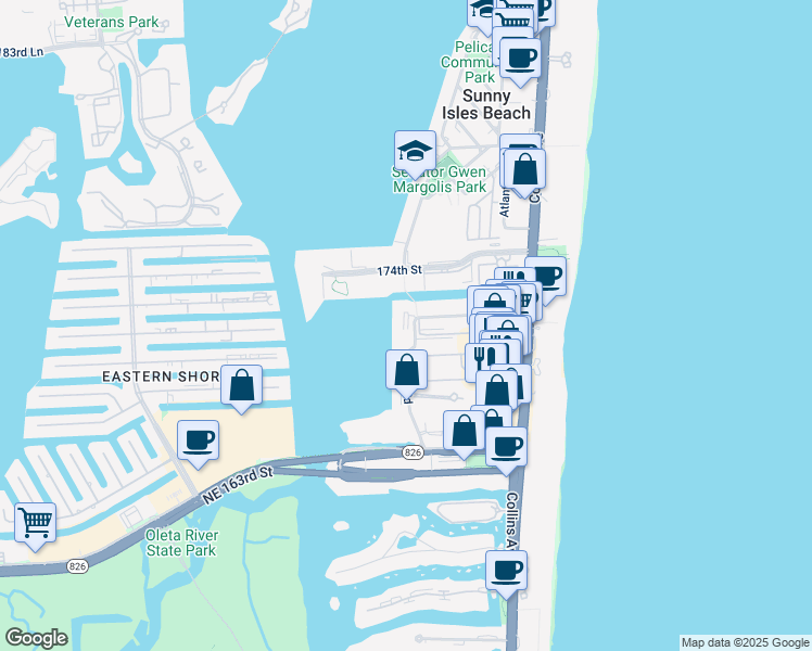 map of restaurants, bars, coffee shops, grocery stores, and more near 17100 North Bay Road in Sunny Isles Beach