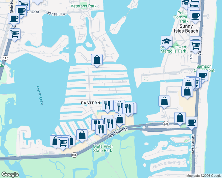 map of restaurants, bars, coffee shops, grocery stores, and more near 3767 Northeast 168th Street in North Miami Beach