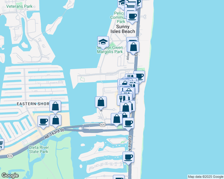 map of restaurants, bars, coffee shops, grocery stores, and more near 210 172nd Street in Sunny Isles Beach