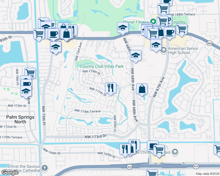 map of restaurants, bars, coffee shops, grocery stores, and more near 7012 Northwest 179th Street in Hialeah