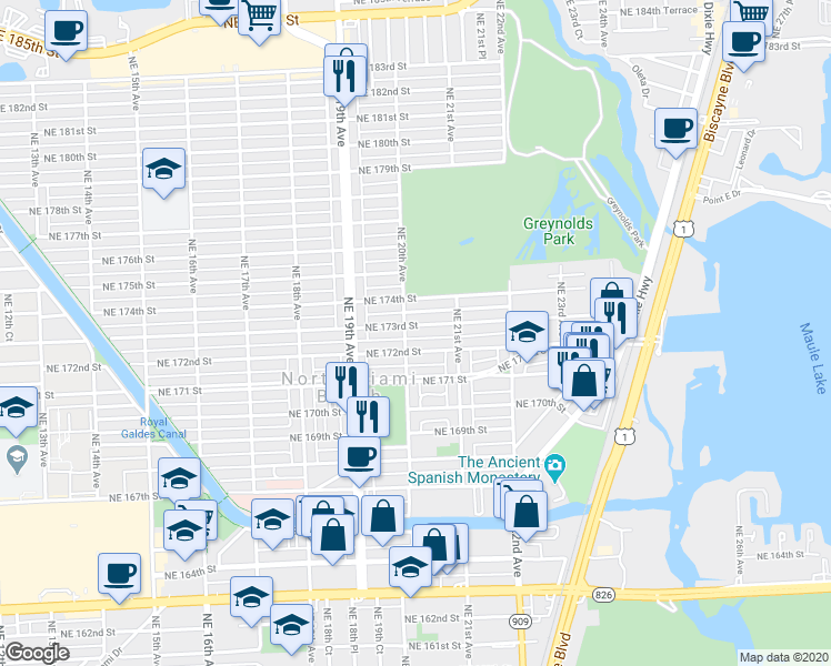 map of restaurants, bars, coffee shops, grocery stores, and more near 2020 Northeast 173rd Street in North Miami Beach