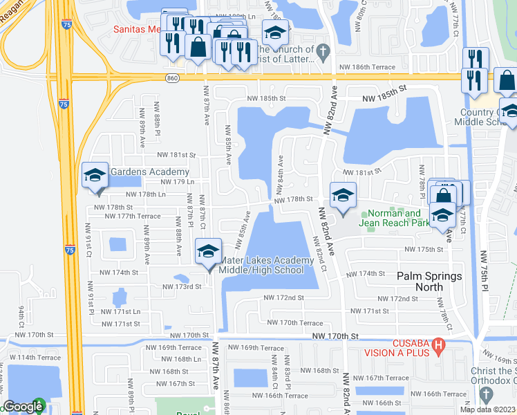 map of restaurants, bars, coffee shops, grocery stores, and more near 8460 Northwest 178th Street in Hialeah