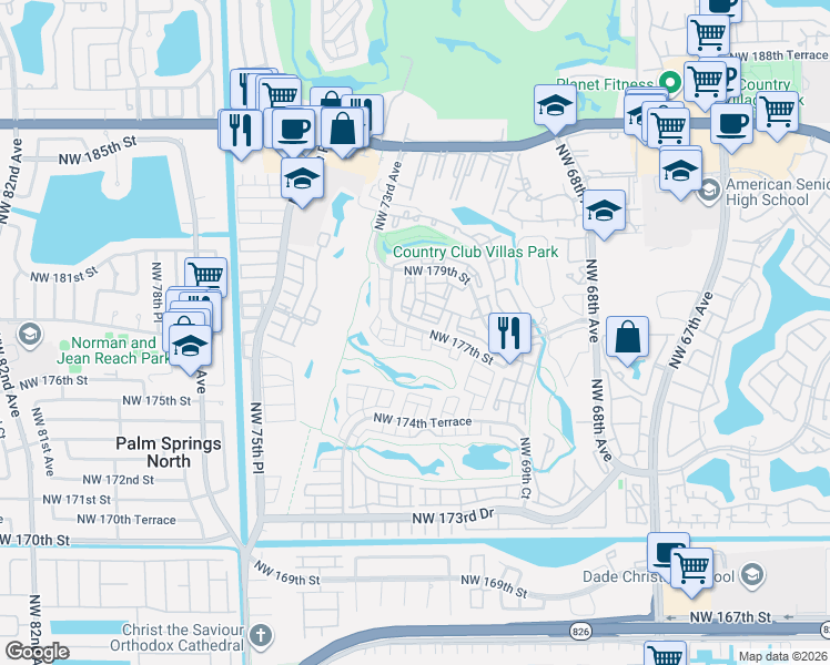 map of restaurants, bars, coffee shops, grocery stores, and more near 7150 Northwest 177th Street in Hialeah