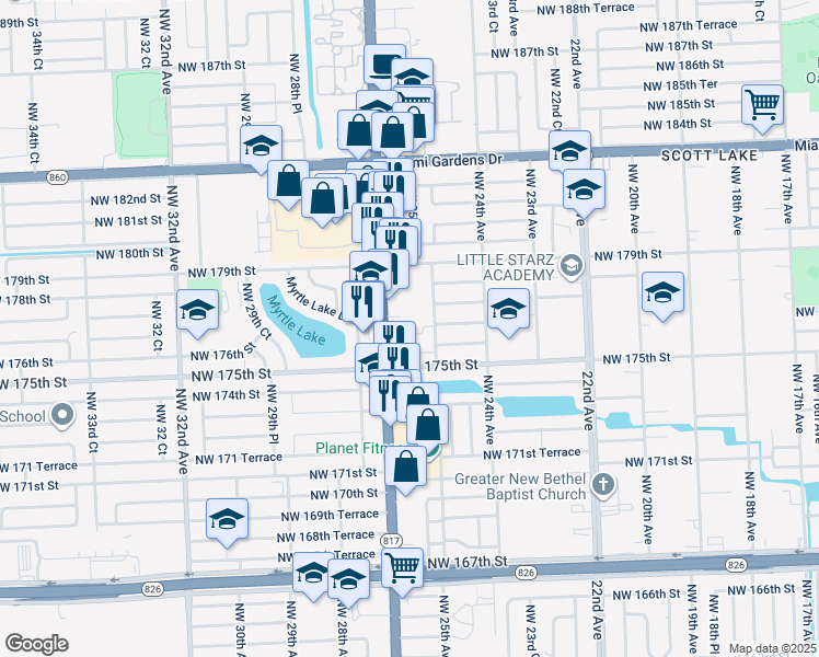 map of restaurants, bars, coffee shops, grocery stores, and more near 17602 Northwest 25th Avenue in Miami Gardens