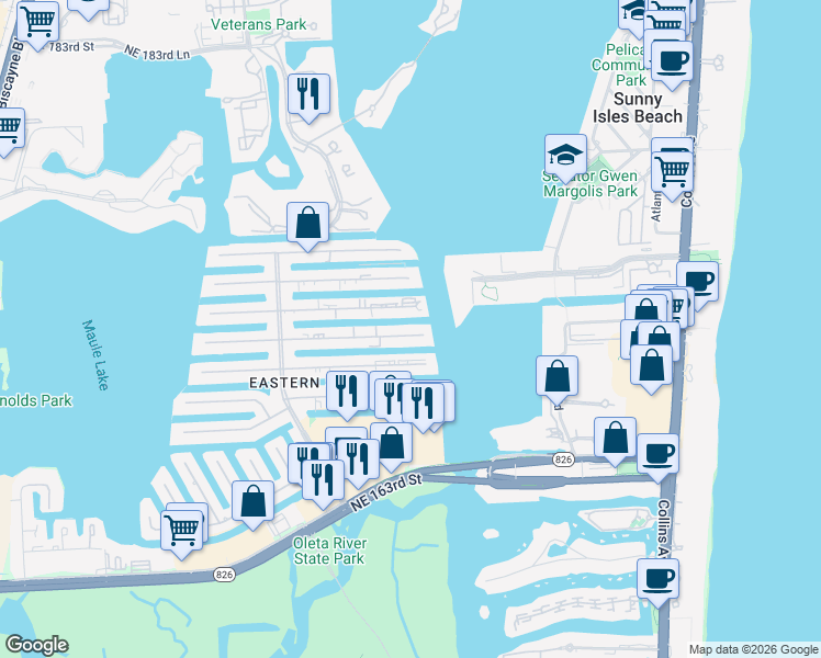 map of restaurants, bars, coffee shops, grocery stores, and more near 3855 Northeast 168th Street in North Miami Beach