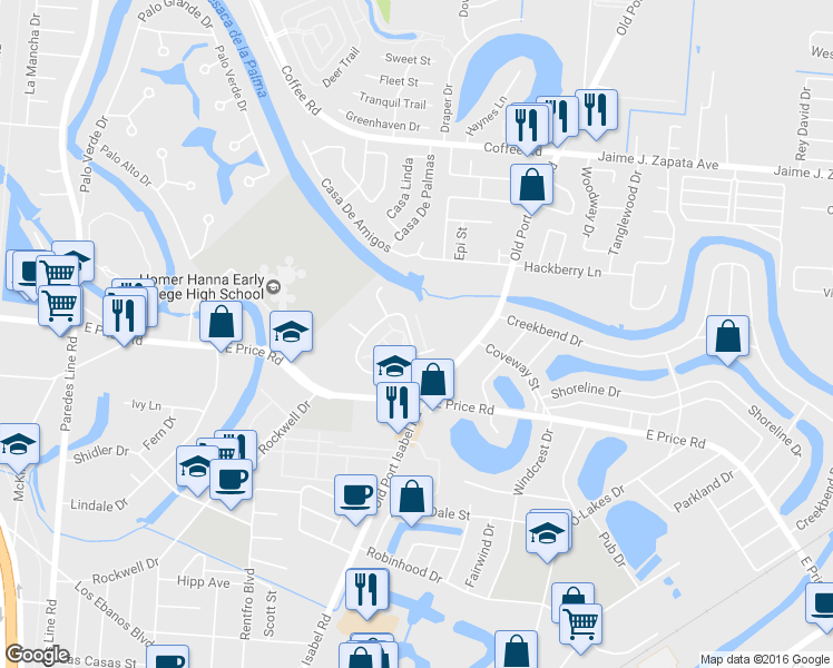 map of restaurants, bars, coffee shops, grocery stores, and more near 4101 Las Palmas Circle in Brownsville