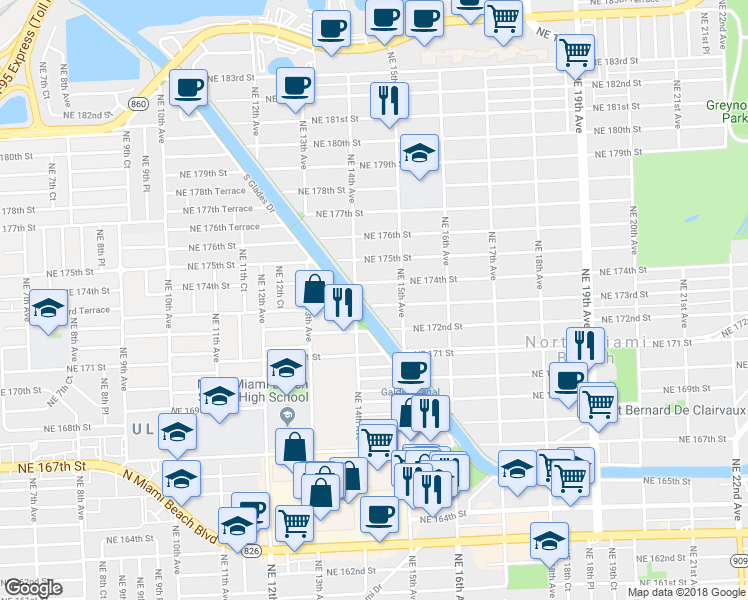 map of restaurants, bars, coffee shops, grocery stores, and more near 1423 Northeast 173rd Street in North Miami Beach