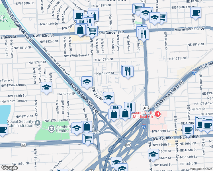 map of restaurants, bars, coffee shops, grocery stores, and more near 17337 Northwest 7th Avenue in Miami