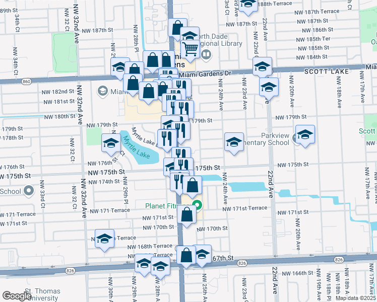 map of restaurants, bars, coffee shops, grocery stores, and more near 17602 Northwest 25th Avenue in Miami Gardens