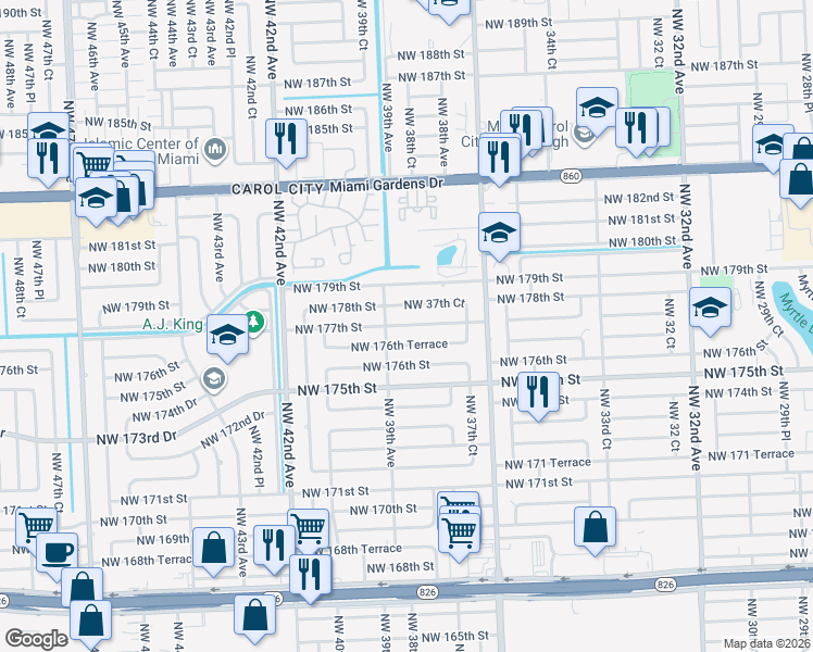 map of restaurants, bars, coffee shops, grocery stores, and more near 3880 Northwest 177th Street in Miami Gardens