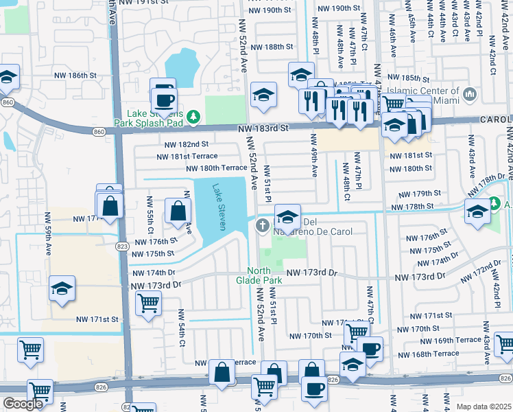 map of restaurants, bars, coffee shops, grocery stores, and more near 5110 Northwest 178th Terrace in Miami Gardens