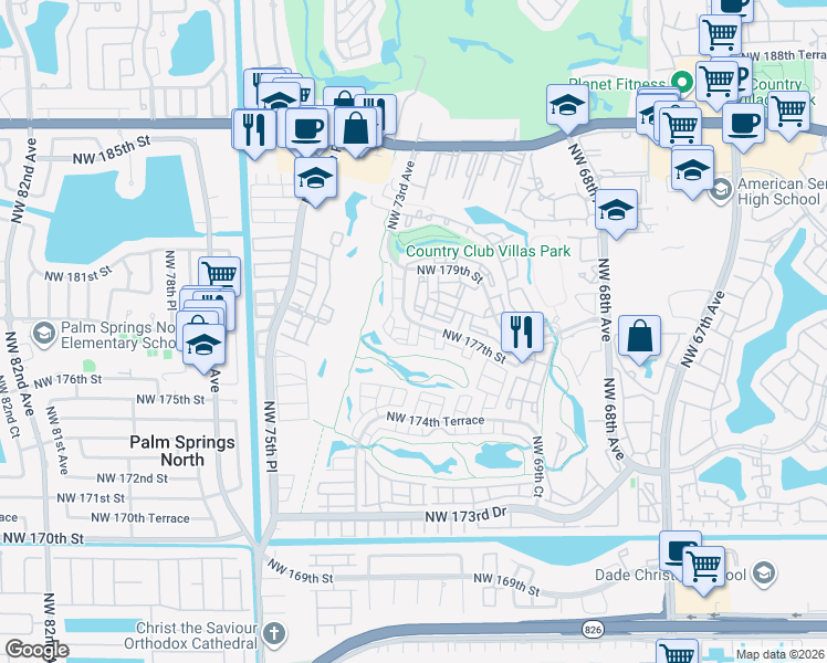 map of restaurants, bars, coffee shops, grocery stores, and more near 7150 Northwest 177th Street in Hialeah