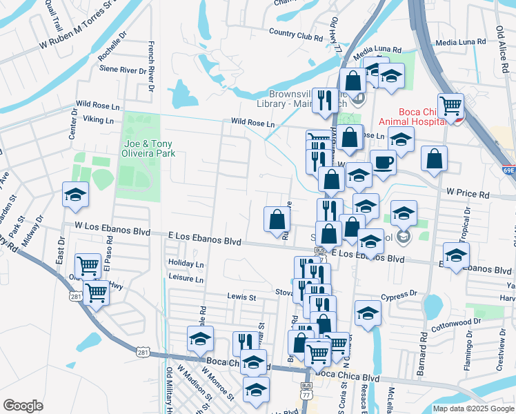 map of restaurants, bars, coffee shops, grocery stores, and more near 351 East Los Ebanos Boulevard in Brownsville