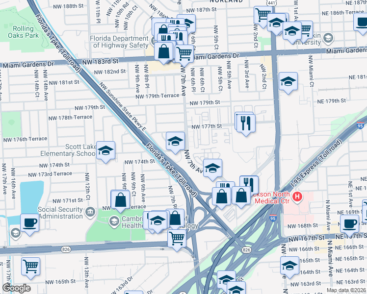 map of restaurants, bars, coffee shops, grocery stores, and more near 701 Northwest 175th Street in Miami