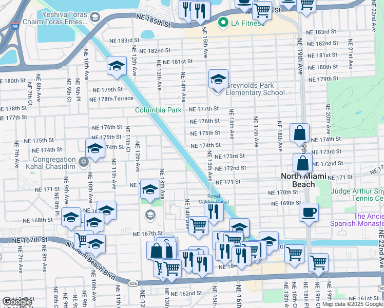 map of restaurants, bars, coffee shops, grocery stores, and more near 1423 Northeast 173rd Street in North Miami Beach