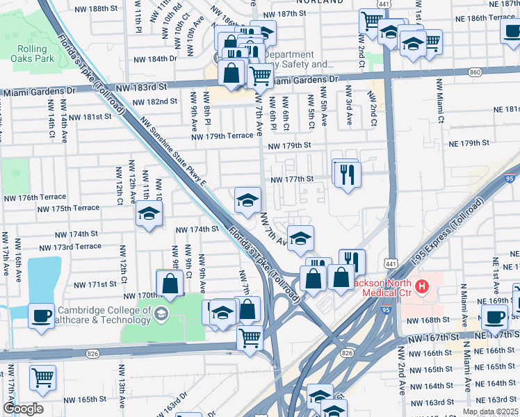 map of restaurants, bars, coffee shops, grocery stores, and more near 701 Northwest 175th Street in Miami