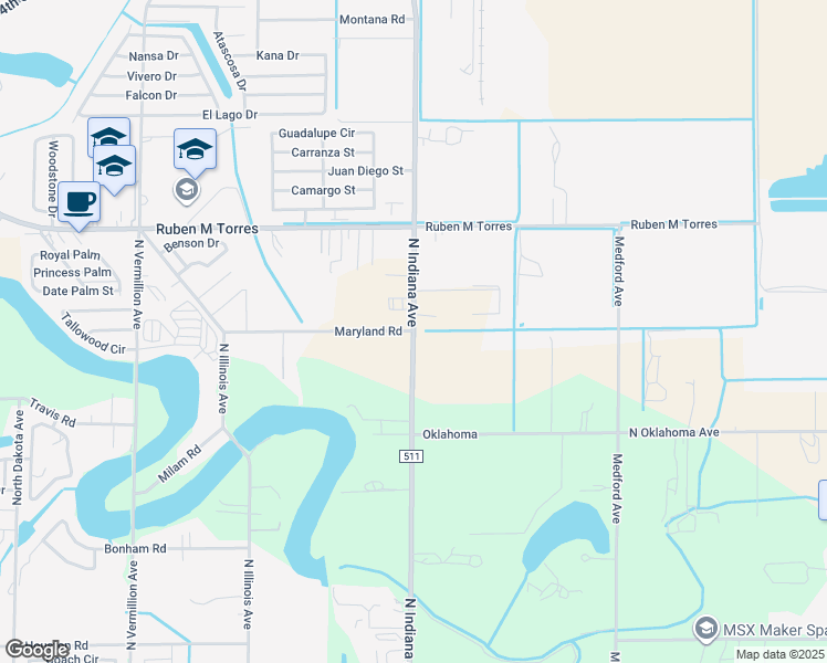 map of restaurants, bars, coffee shops, grocery stores, and more near 1698 North Indiana Avenue in Brownsville