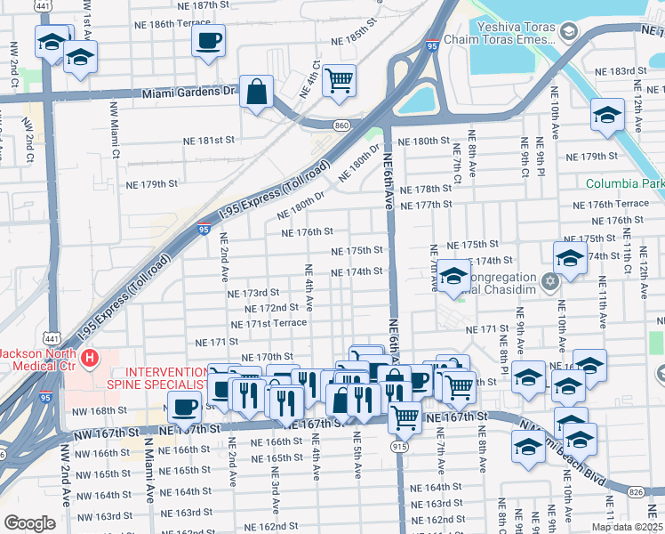 map of restaurants, bars, coffee shops, grocery stores, and more near 451 Northeast 174th Street in North Miami Beach