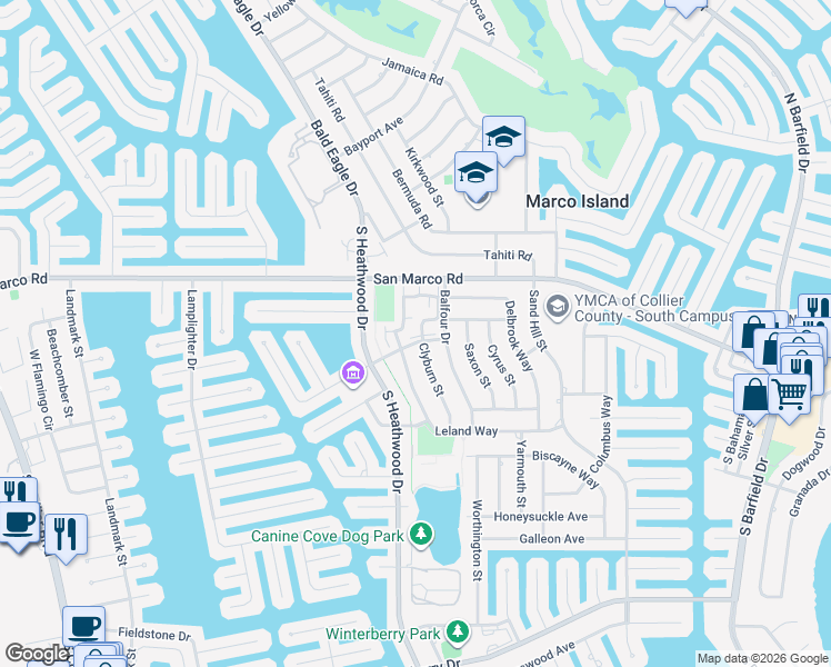 map of restaurants, bars, coffee shops, grocery stores, and more near 142 Clyburn Way West in Marco Island