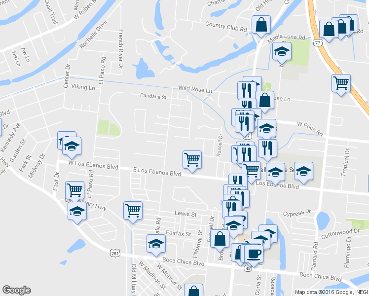 map of restaurants, bars, coffee shops, grocery stores, and more near 351 East Los Ebanos Boulevard in Brownsville