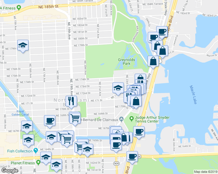 map of restaurants, bars, coffee shops, grocery stores, and more near 2166 Northeast 173rd Street in North Miami Beach