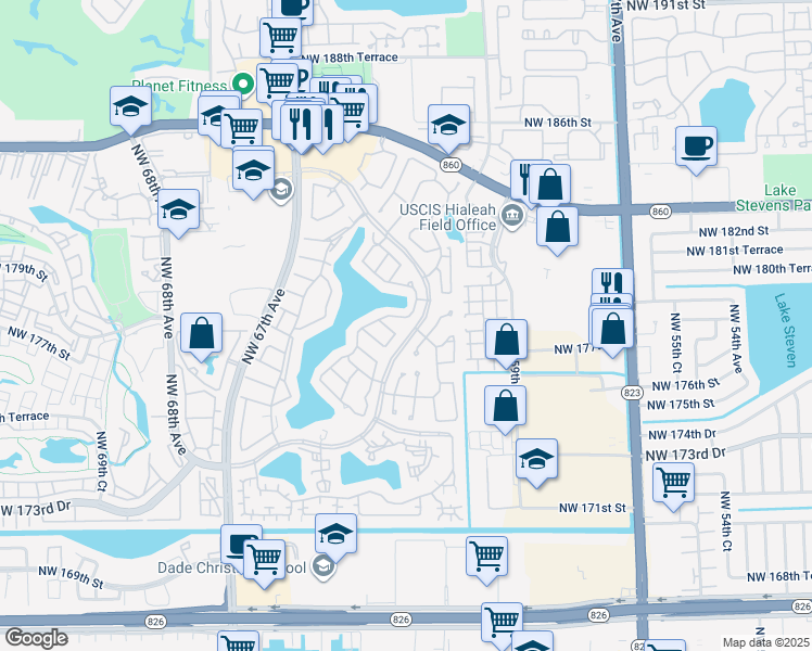 map of restaurants, bars, coffee shops, grocery stores, and more near 17747 Northwest 63rd Court in Hialeah