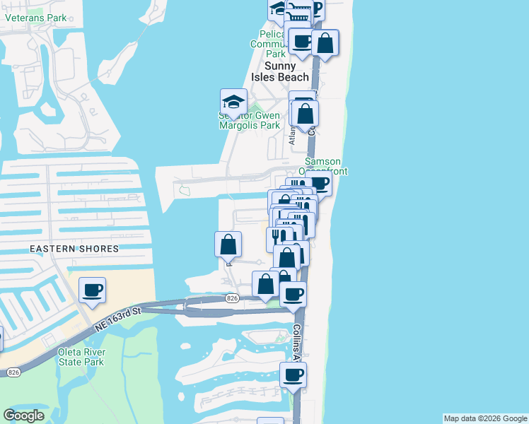 map of restaurants, bars, coffee shops, grocery stores, and more near 200 172nd Street in Sunny Isles Beach