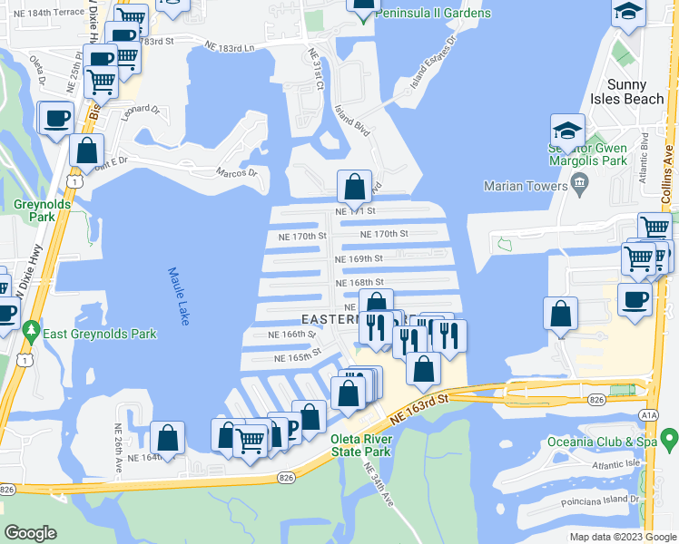 map of restaurants, bars, coffee shops, grocery stores, and more near in Sunny Isles Beach