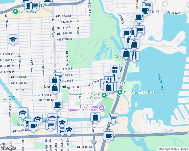map of restaurants, bars, coffee shops, grocery stores, and more near 2233 Northeast 172nd Street in North Miami Beach