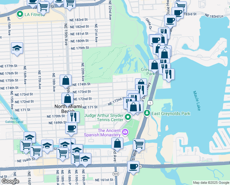 map of restaurants, bars, coffee shops, grocery stores, and more near 2233 Northeast 172nd Street in North Miami Beach
