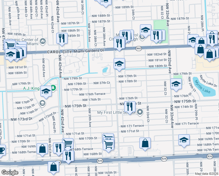 map of restaurants, bars, coffee shops, grocery stores, and more near 3740 Northwest 177th Street in Miami Gardens