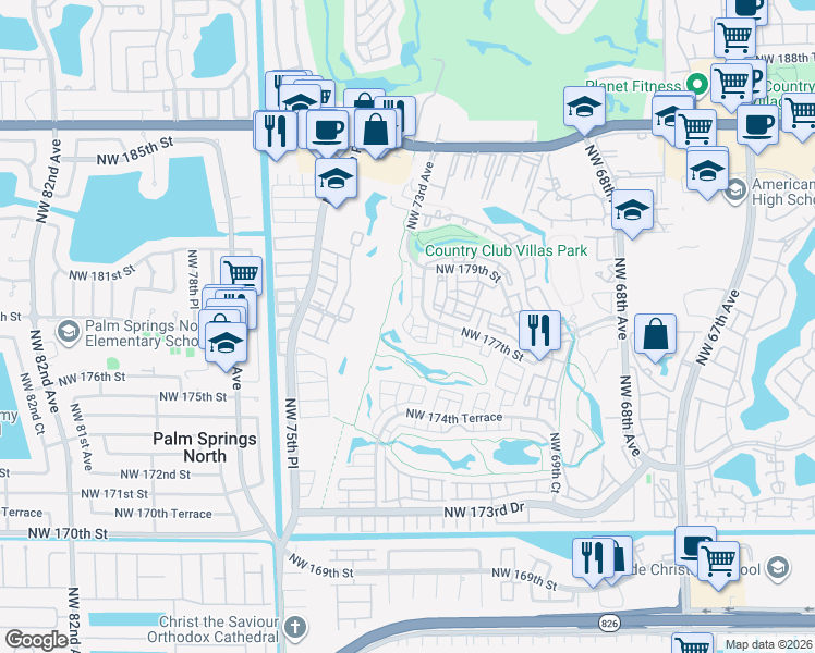 map of restaurants, bars, coffee shops, grocery stores, and more near 17630 Northwest 73rd Avenue in Hialeah